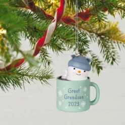 Hallmark Great-Grandson Hot Cocoa Mug 2023 Ornament -Hallmark Store GreatGrandson Snowman in Mug Keepsake Ornament 1399QGO2567 02
